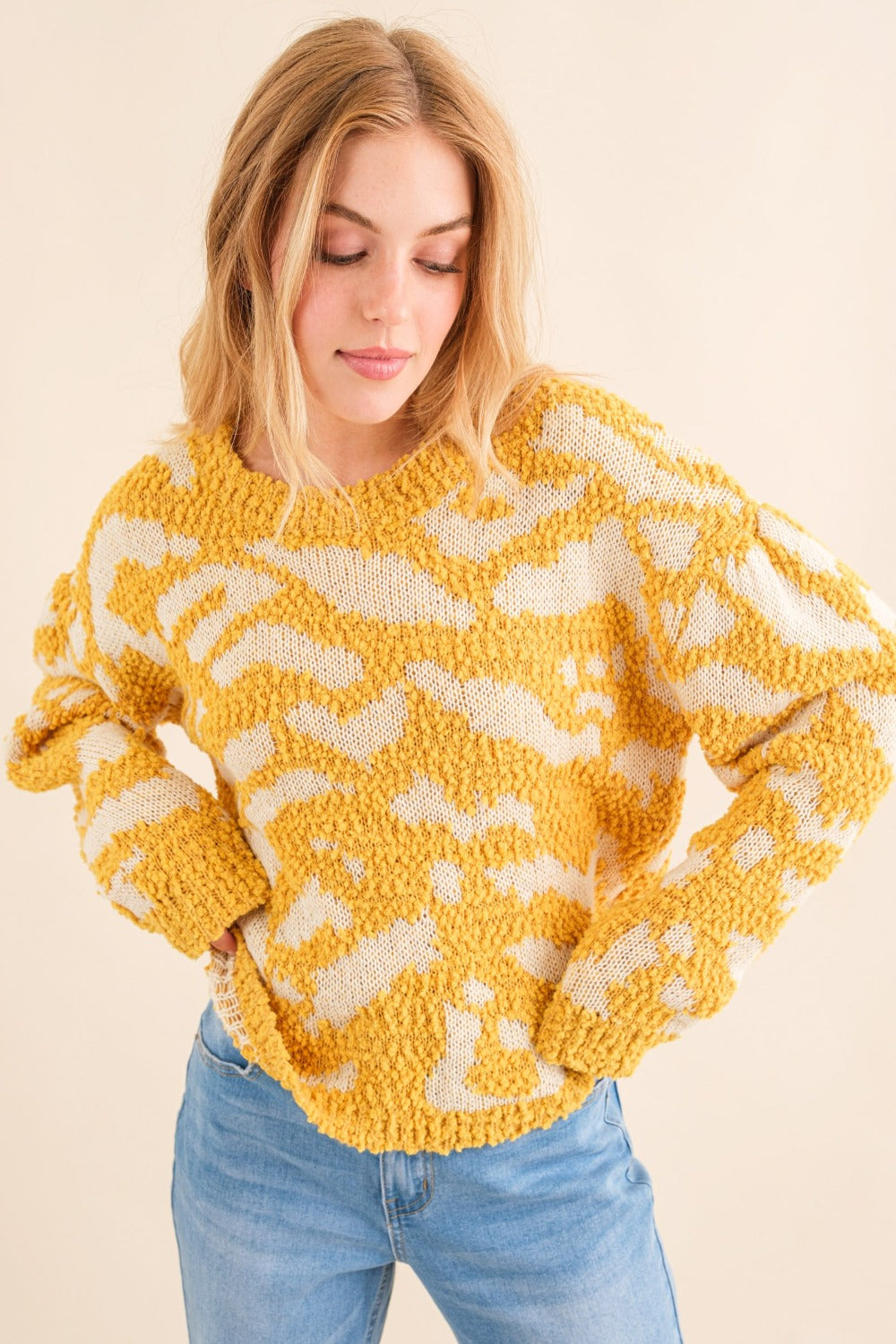 And The Why Full Size Textured Pattern Contrast Sweater Trendsi