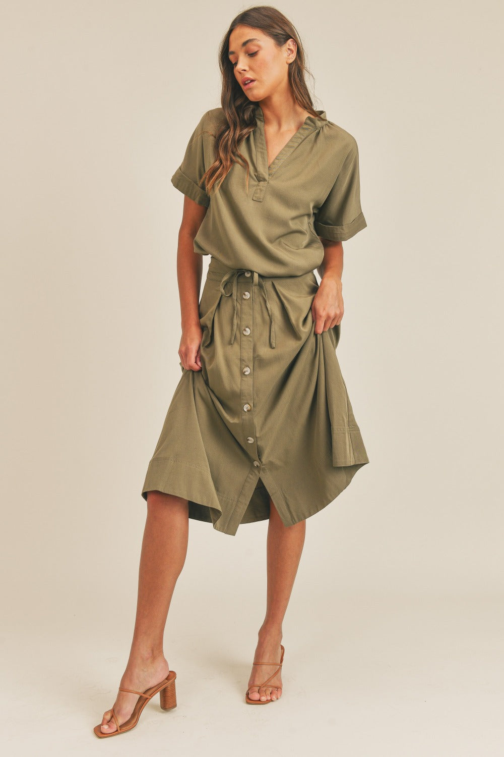 MABLE Short Sleeve Top and Button Down Midi Skirt Set Trendsi