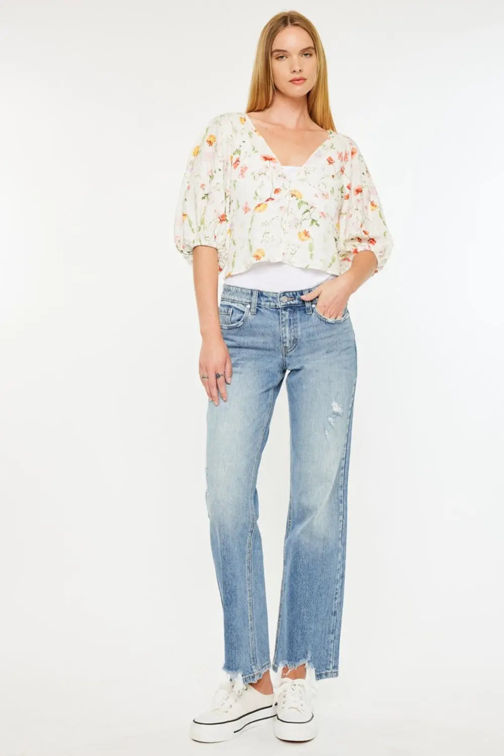 Kancan Mid Rise Frayed Hem Straight Jeans Trendsi