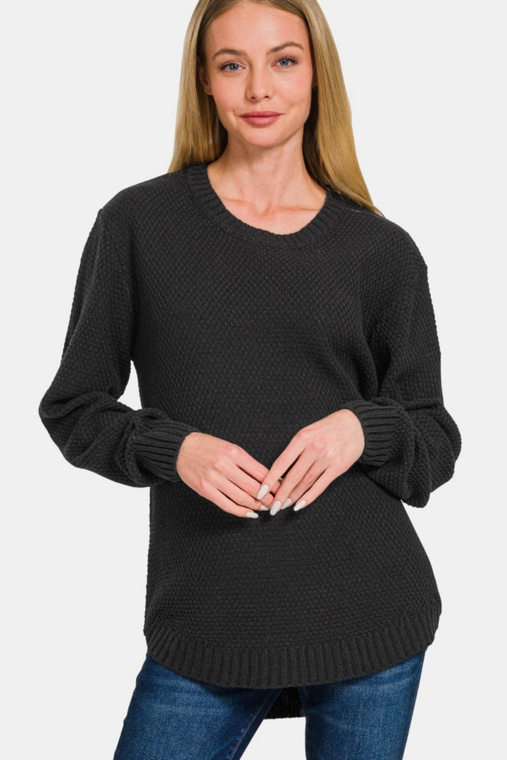 Zenana Ful Size Round Neck Long Sleeve Curved Hem Sweater Trendsi