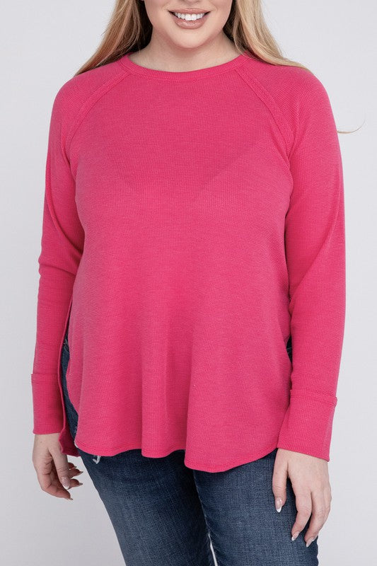 Plus Melange Baby Waffle Long Sleeve Top ZENANA