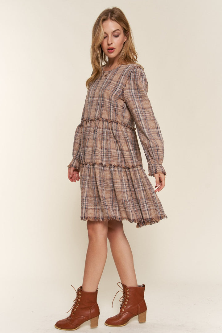 And The Why Full Size Washed Frayed Tiered Plaid Dress Trendsi