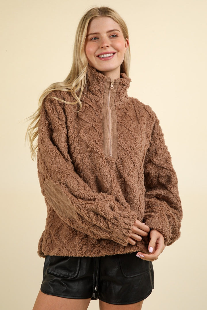 VERY J Fuzzy Fleece Half Zip Cable Pattern Sweatshirt Trendsi