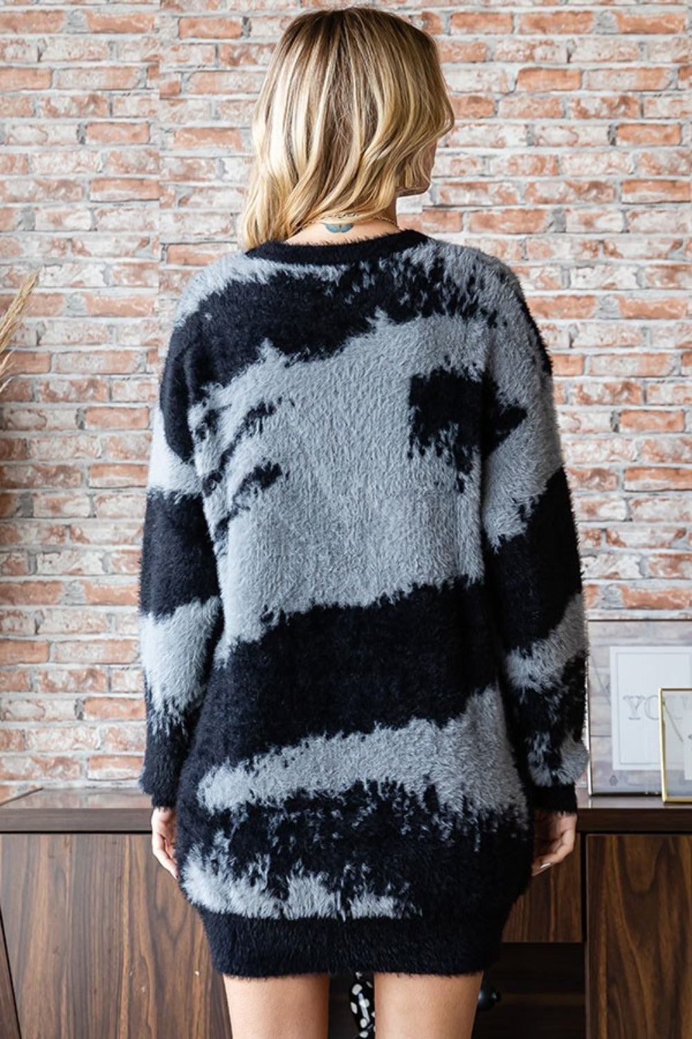 First Love Full Size Abstract Pattern Contrast Feather Yarn Sweater Trendsi