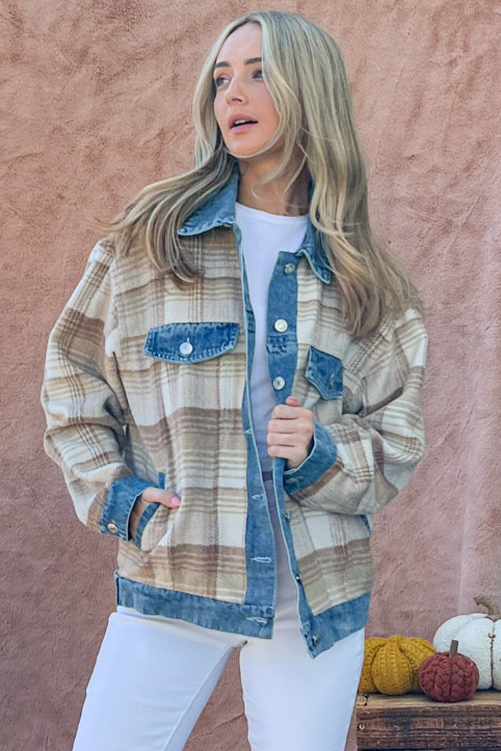 Denim Detail Brushed Plaid Jacket Trendsi