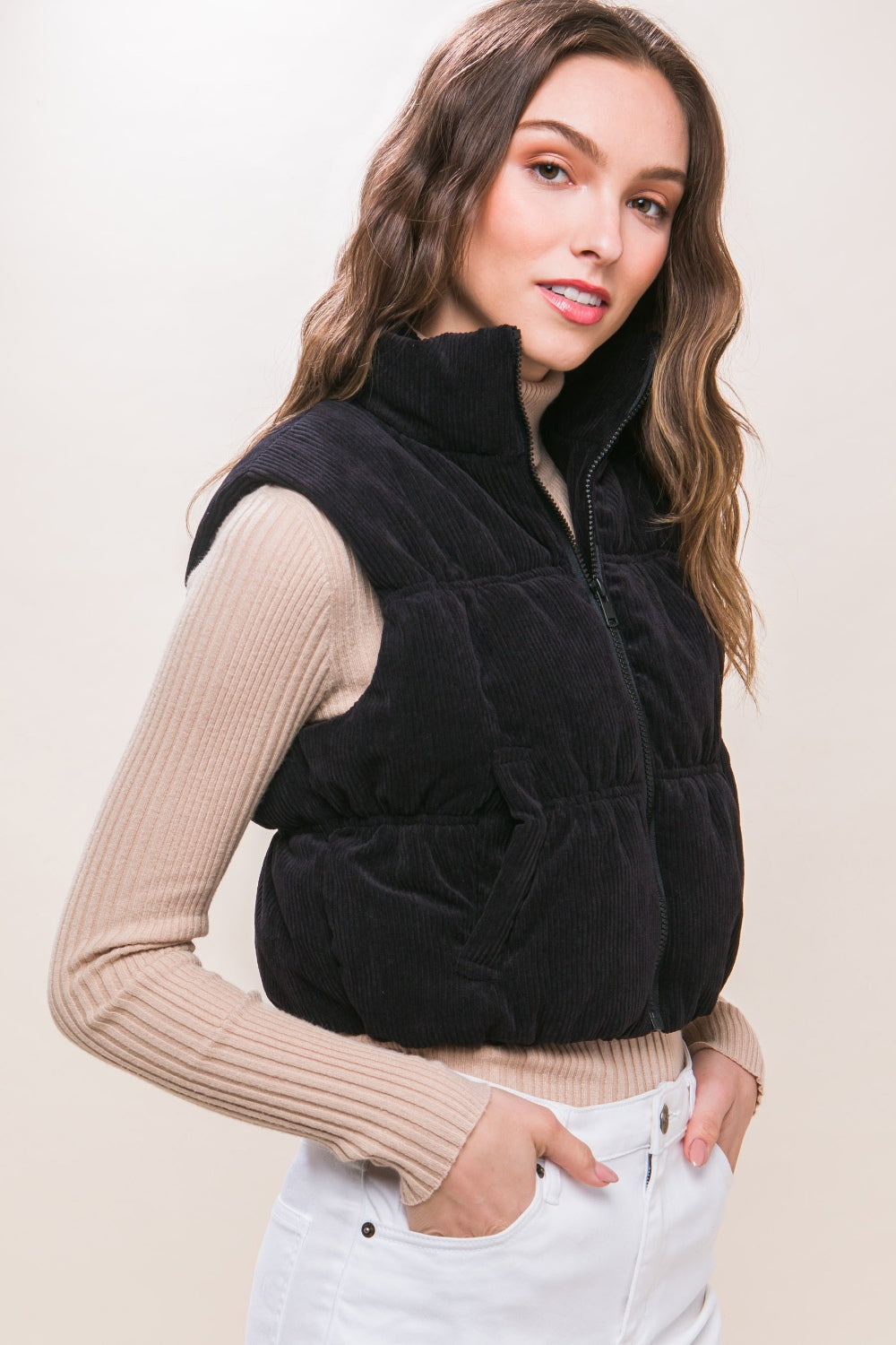 Love Tree Corduroy Zip Up Puffer Vest with Pockets Trendsi