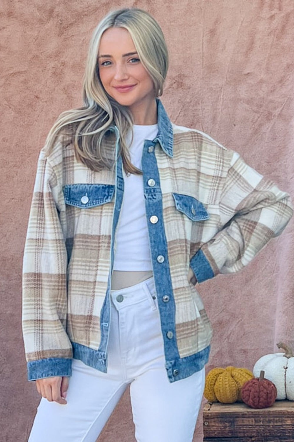 Denim Detail Brushed Plaid Jacket Trendsi