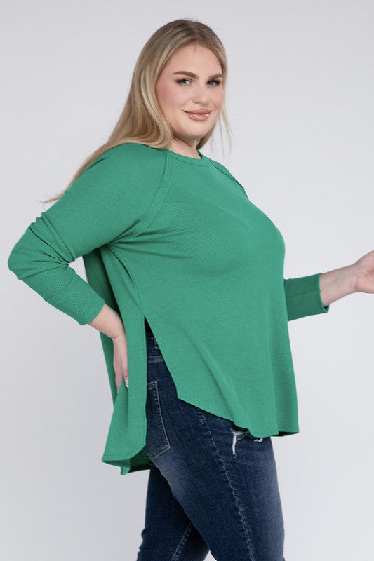 Plus Melange Baby Waffle Long Sleeve Top ZENANA