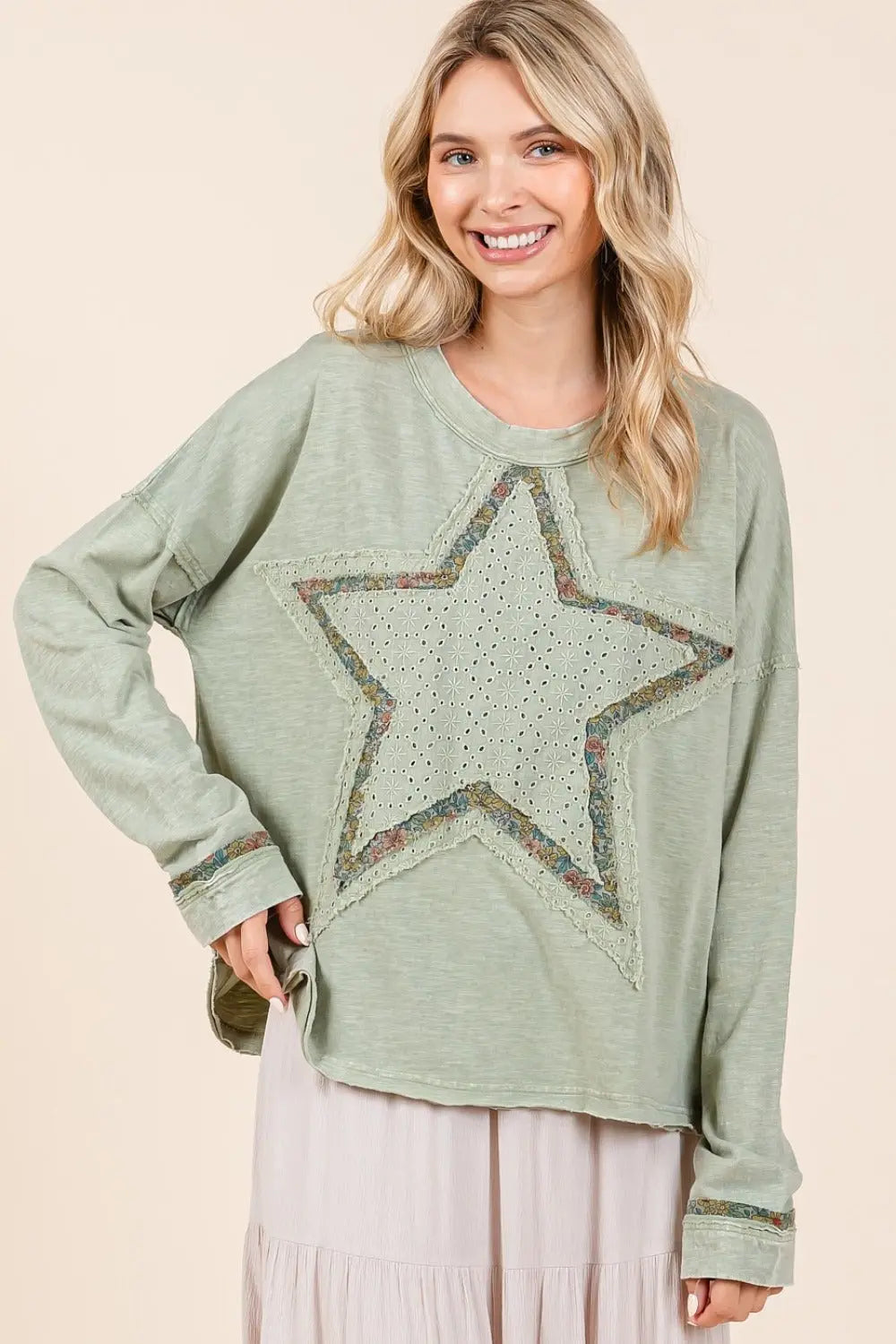 Mittoshop Mineral Wash Star Patch Long Sleeve T-Shirt Trendsi