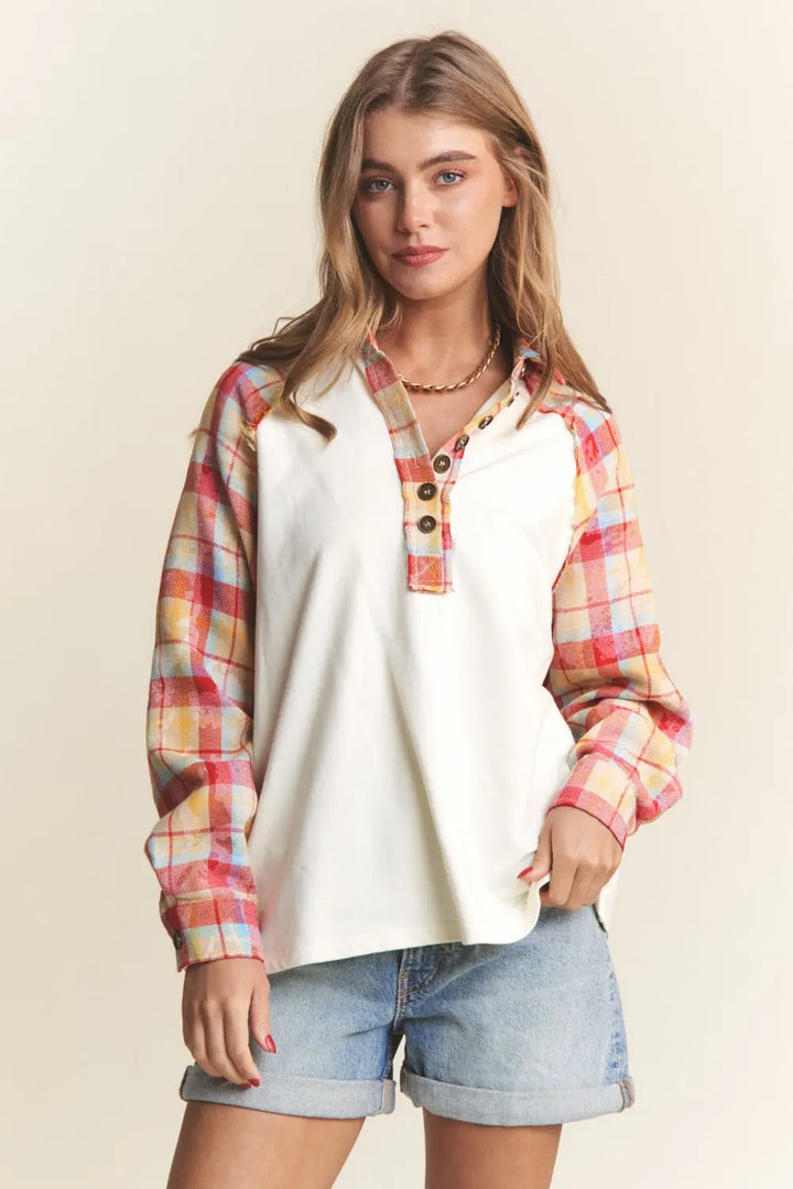 J.NNA Plaid Contrast Button Down Henley Top Trendsi