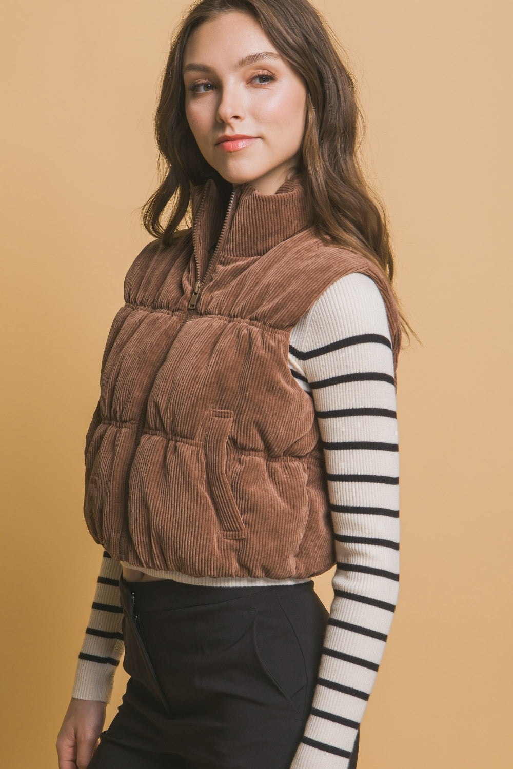 Love Tree Corduroy Zip Up Puffer Vest with Pockets Trendsi