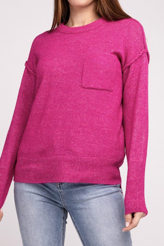 Melange Hi-Low Hem Round Neck Sweater ZENANA