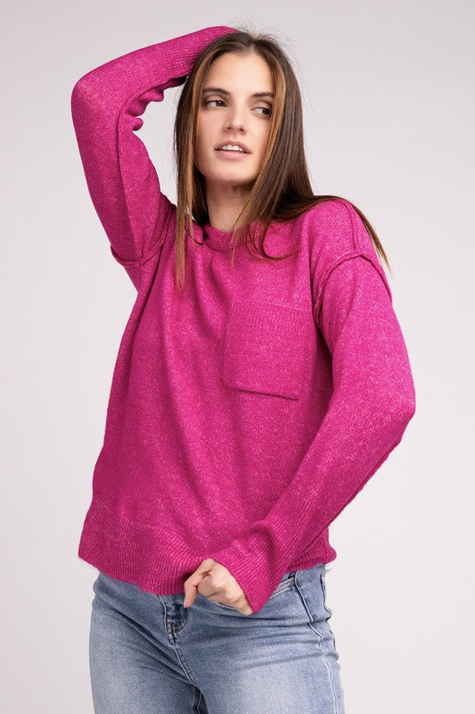 Melange Hi-Low Hem Round Neck Sweater ZENANA