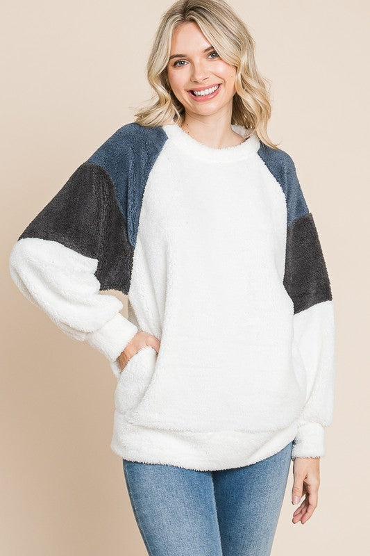 Faux Fur Raglan Sleeve Sweatshirt