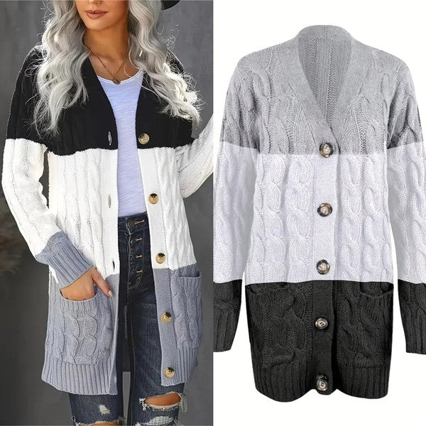 Cable knit button cardigan with pocket EG fashion