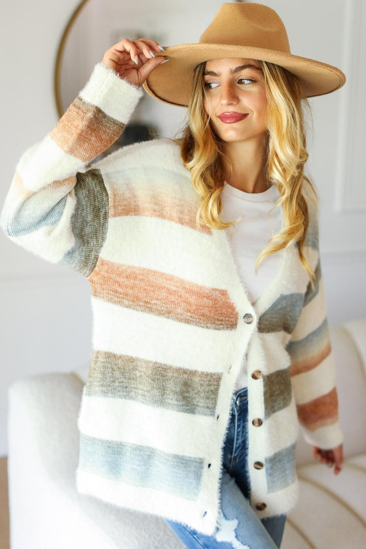 Haptics Full Size Button Down Stripe Soft Fuzzy Sweater Cardigan Trendsi