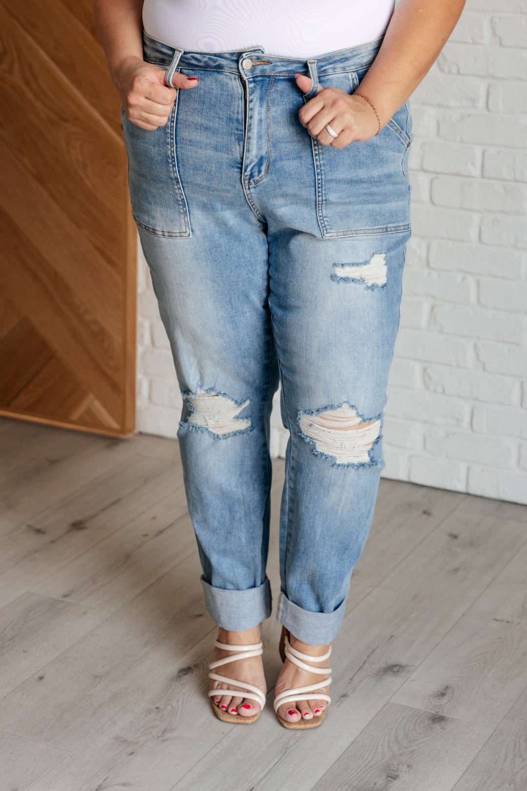 Aiden High Rise Patch Pocket Distressed Boyfriend Jeans Ave Shops