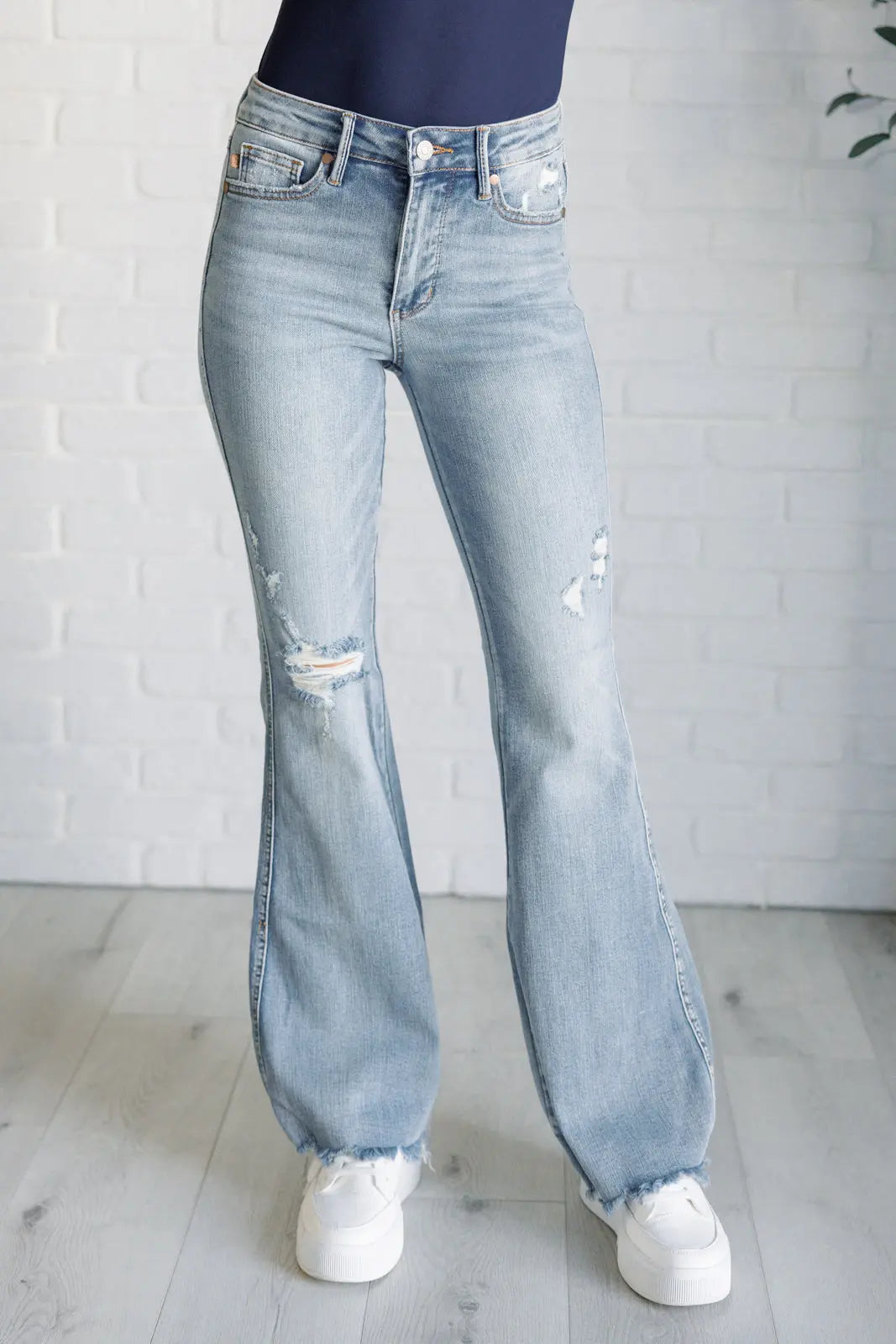 Caroline Mid Rise Control Top Distressed Flare Jeans Ave Shops