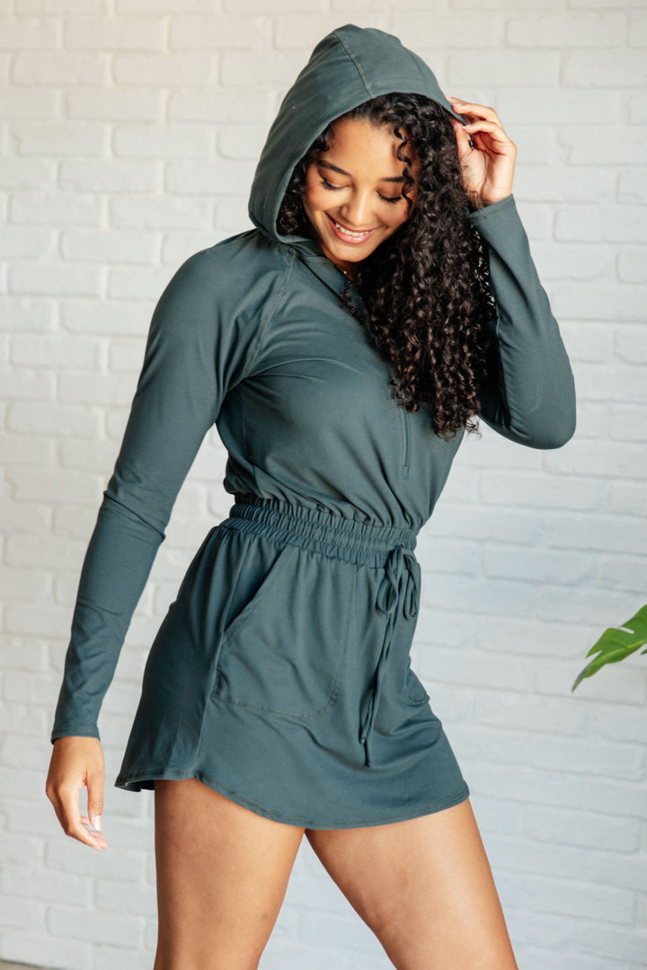 Getting Out Long Sleeve Hoodie Romper in Smoked Spruce Ave Shops