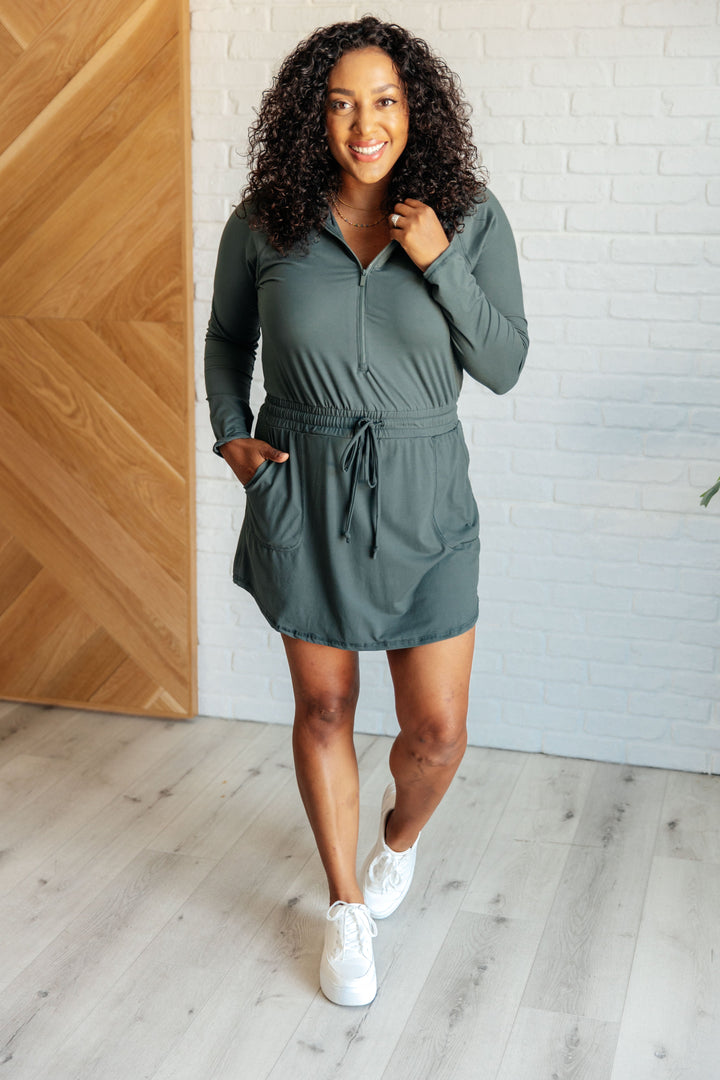 Getting Out Long Sleeve Hoodie Romper in Smoked Spruce Ave Shops