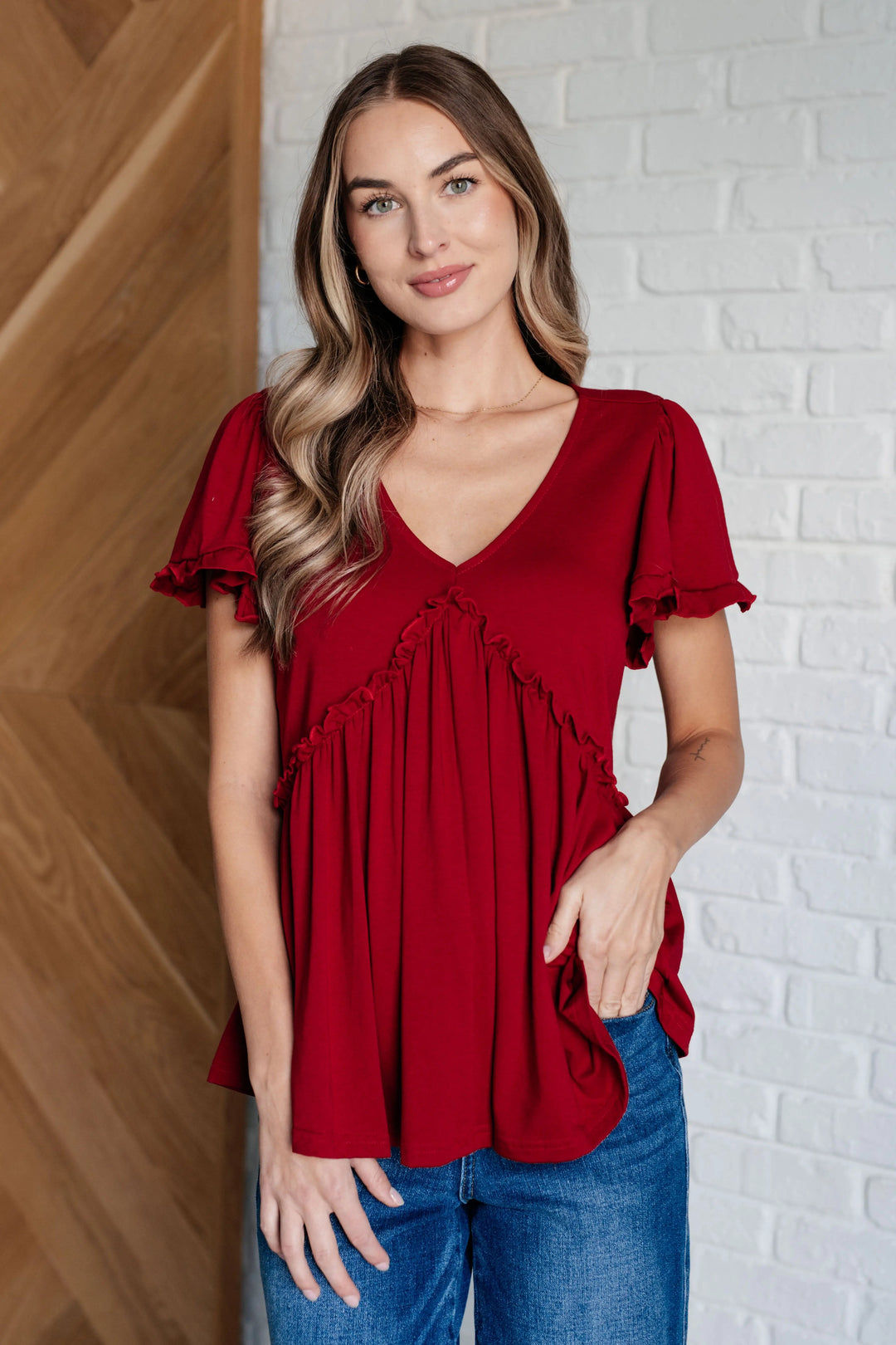 One Day Soon V-Neck Ruffle Detail Top Ave Shops