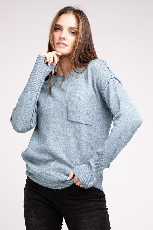 Melange Hi-Low Hem Round Neck Sweater ZENANA