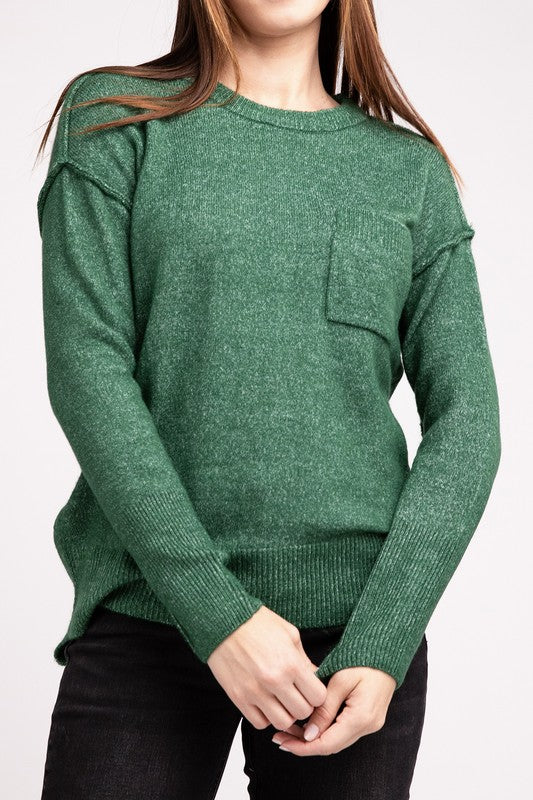 Melange Hi-Low Hem Round Neck Sweater ZENANA