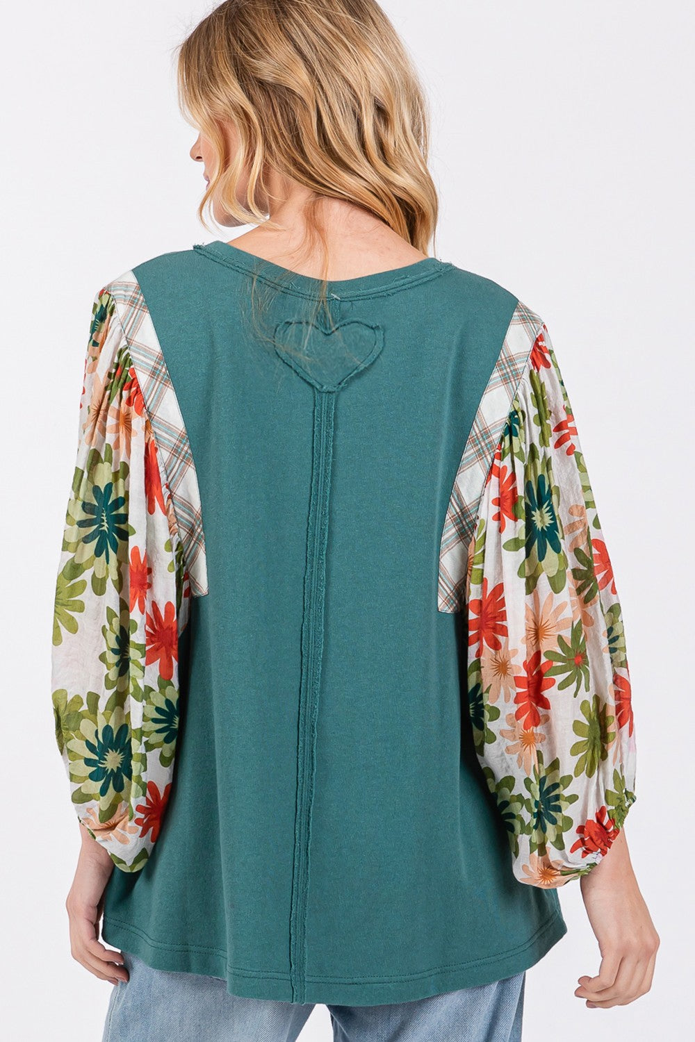 SAGE + FIG Full Size Printed Balloon Sleeve Contrast Top Trendsi