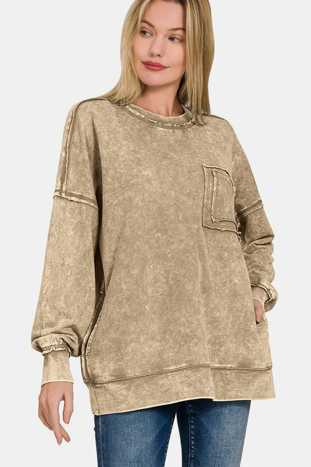 Mocha Exposed Seam Trendy Sweatshirt Trendsi