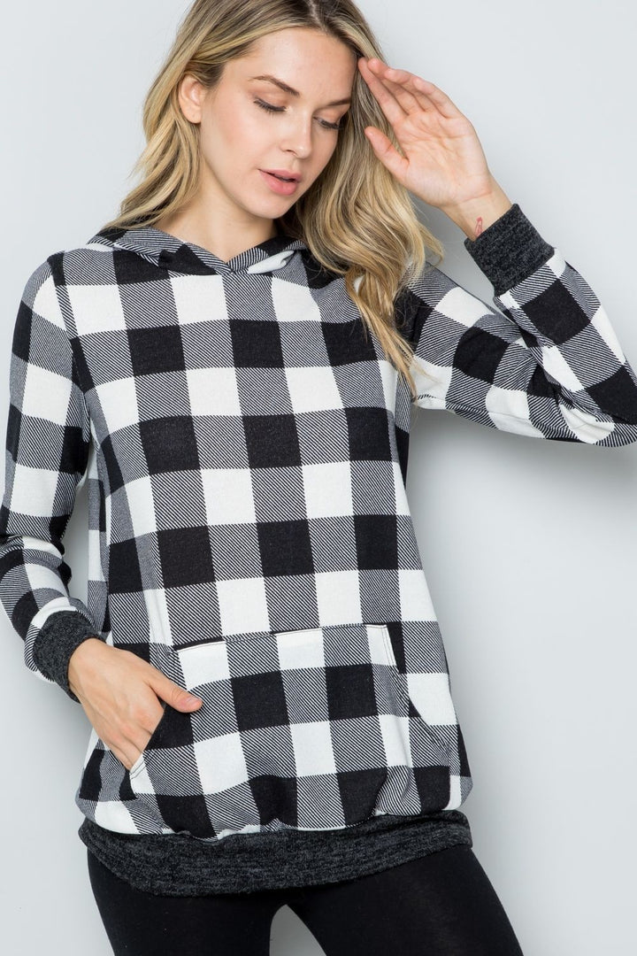 Celeste Full Size Contrast Plaid Long Sleeve Hoodie Trendsi