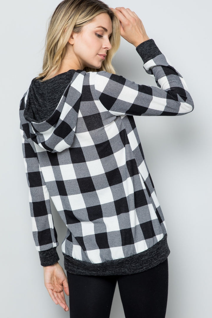 Celeste Full Size Contrast Plaid Long Sleeve Hoodie Trendsi