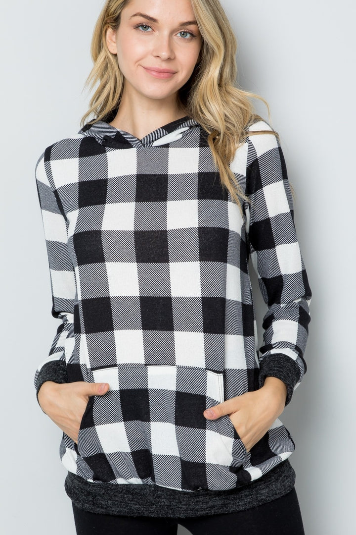 Celeste Full Size Contrast Plaid Long Sleeve Hoodie Trendsi