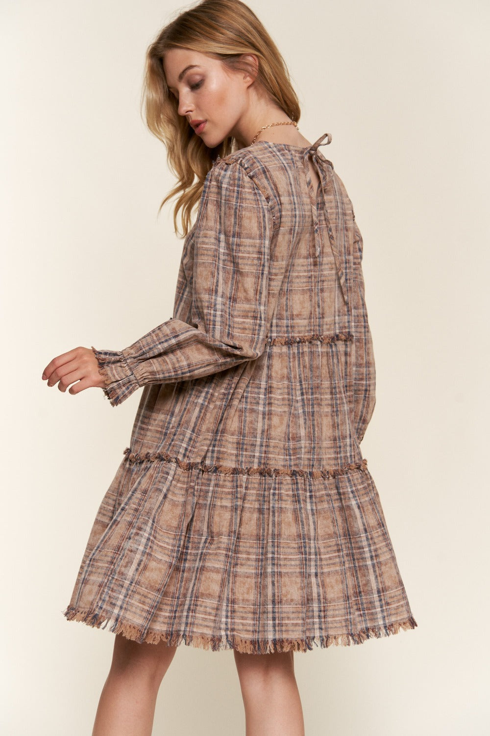 And The Why Full Size Washed Frayed Tiered Plaid Dress Trendsi