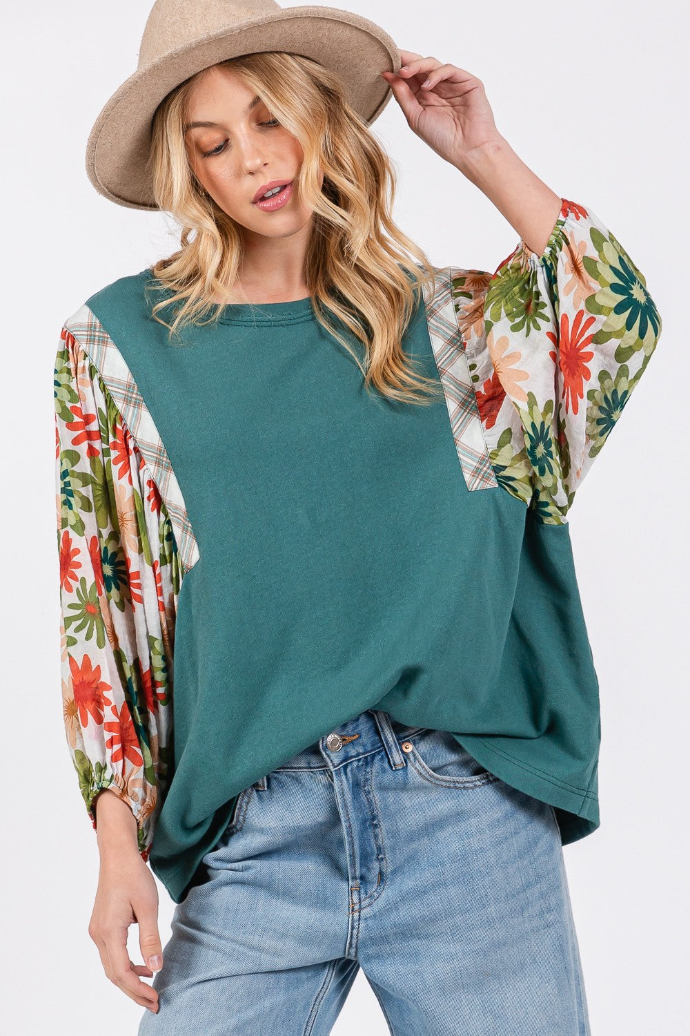 SAGE + FIG Full Size Printed Balloon Sleeve Contrast Top Trendsi