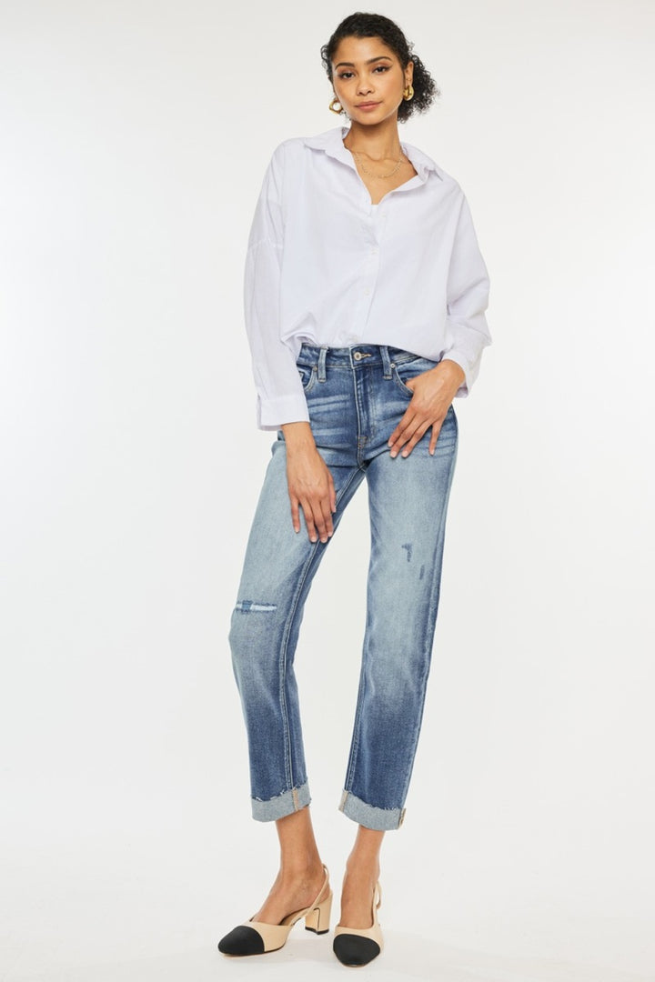 Kancan High Rise Cuffed Straight Jeans Trendsi