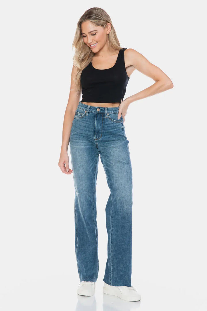 Judy Blue Full Size Tummy Control Cut Raw Hem Straight Jeans Trendsi