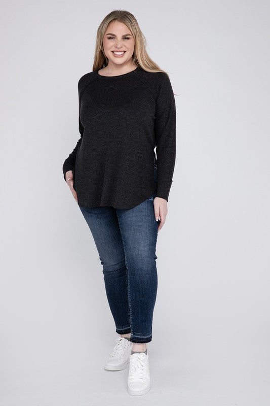 Plus Melange Baby Waffle Long Sleeve Top ZENANA