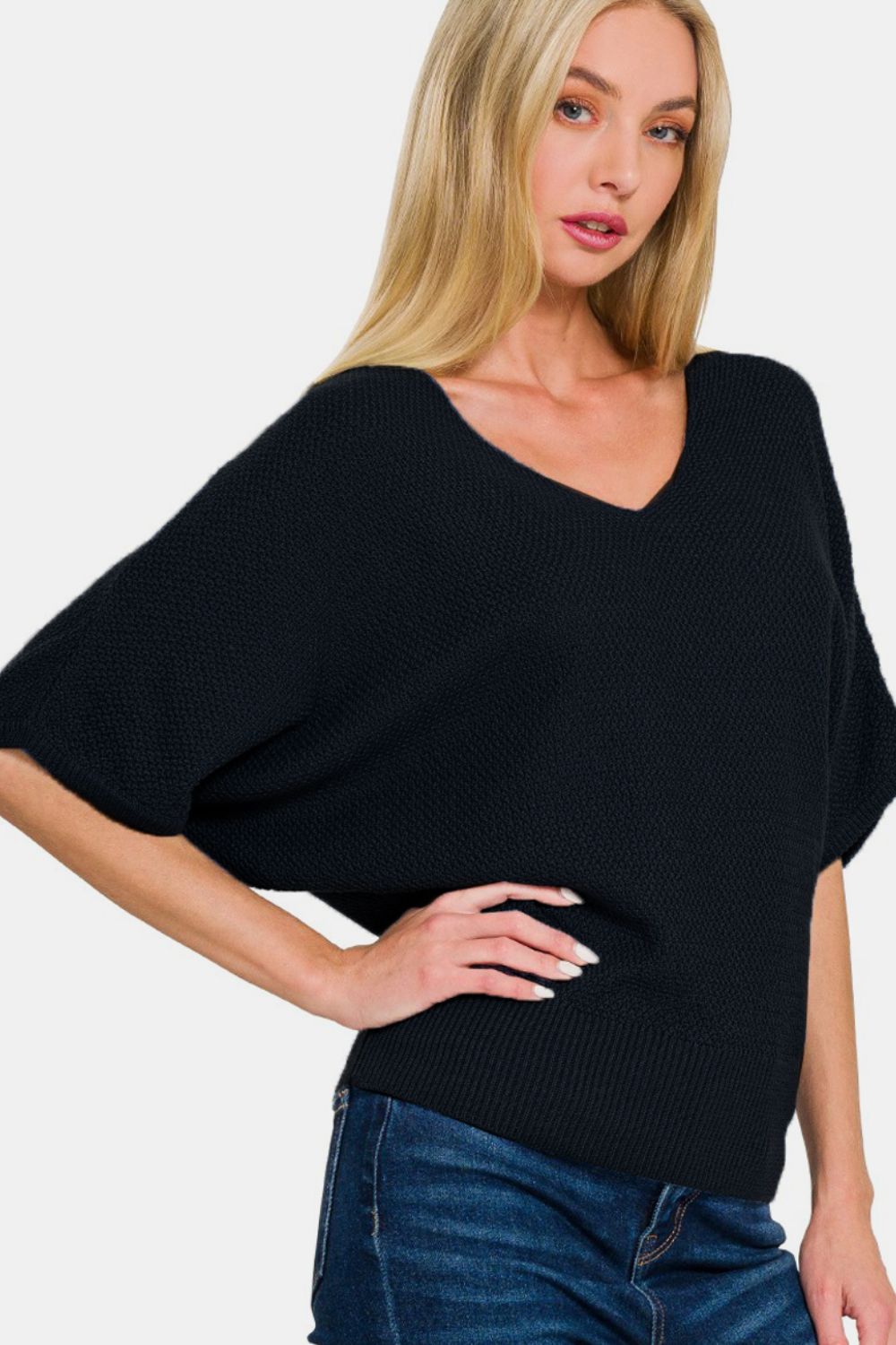 Zenana V-Neck Short Sleeve Dolman Sweater Trendsi