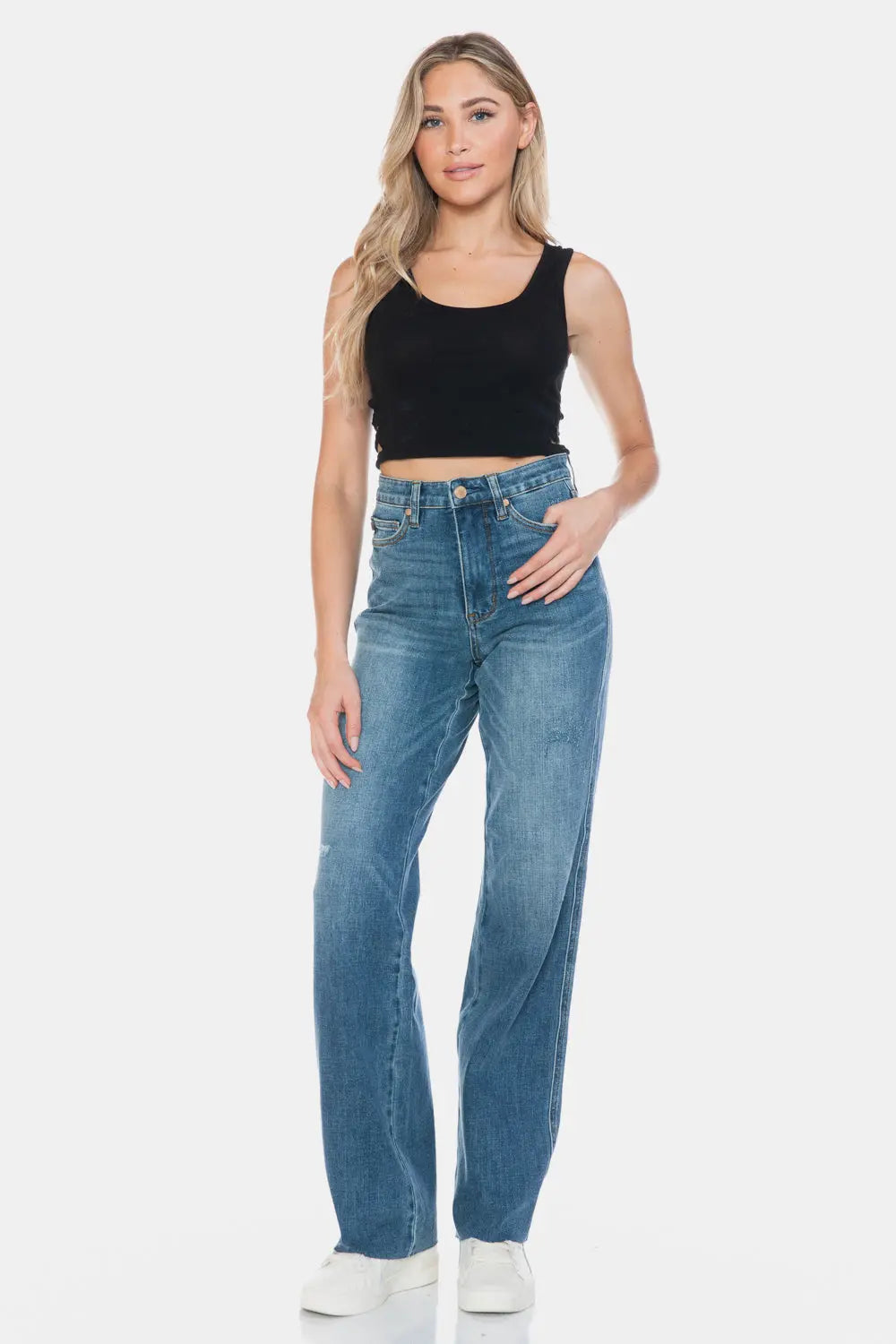 Judy Blue Full Size Tummy Control Cut Raw Hem Straight Jeans Trendsi