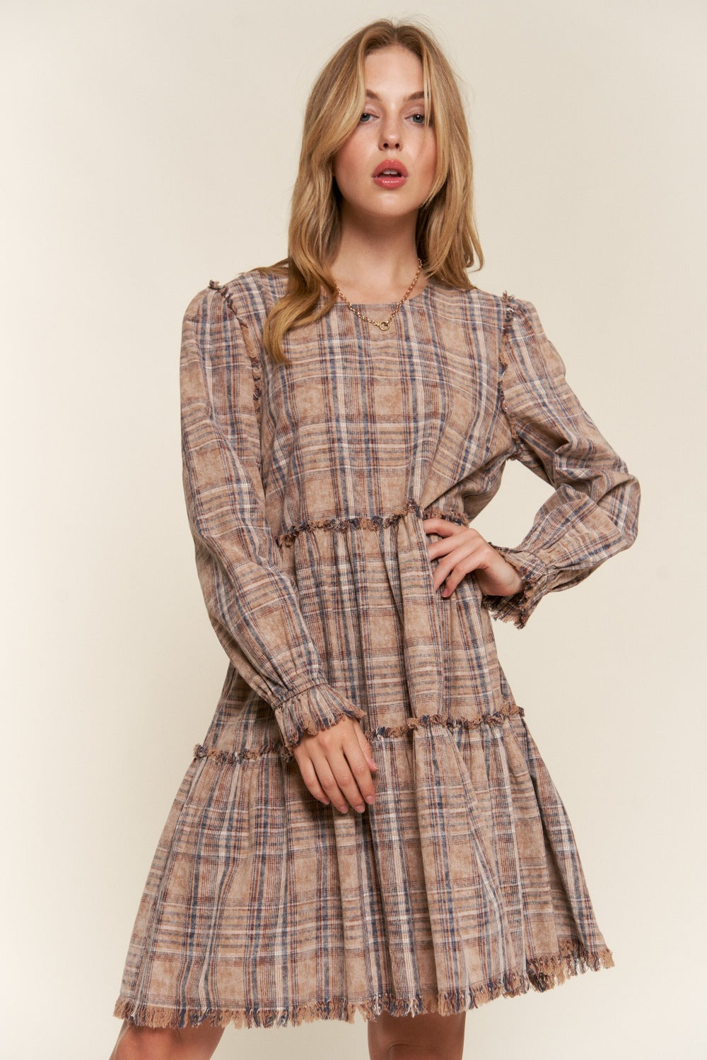 And The Why Full Size Washed Frayed Tiered Plaid Dress Trendsi