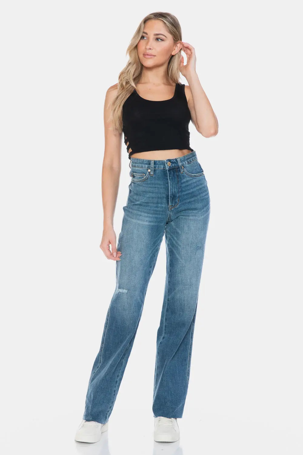 Judy Blue Full Size Tummy Control Cut Raw Hem Straight Jeans Trendsi