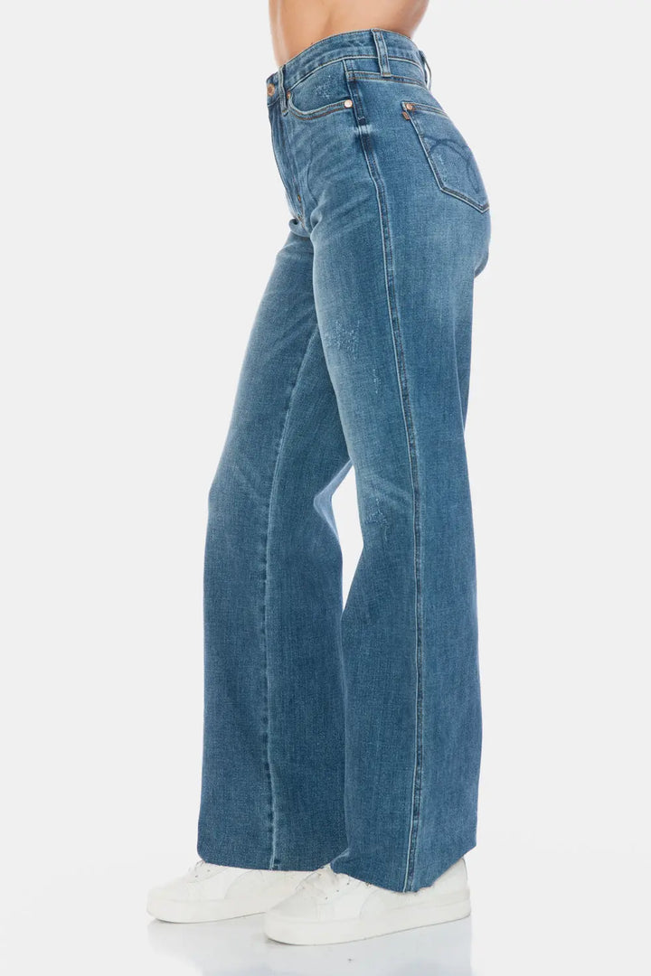 Judy Blue Full Size Tummy Control Cut Raw Hem Straight Jeans Trendsi