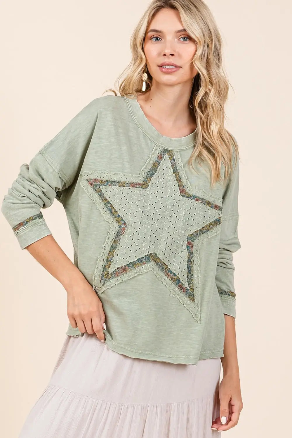 Mittoshop Mineral Wash Star Patch Long Sleeve T-Shirt Trendsi