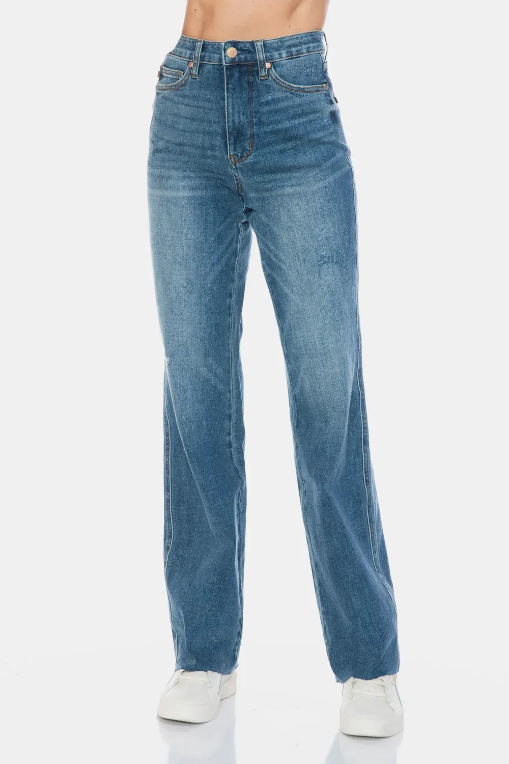 Judy Blue Full Size Tummy Control Cut Raw Hem Straight Jeans Trendsi