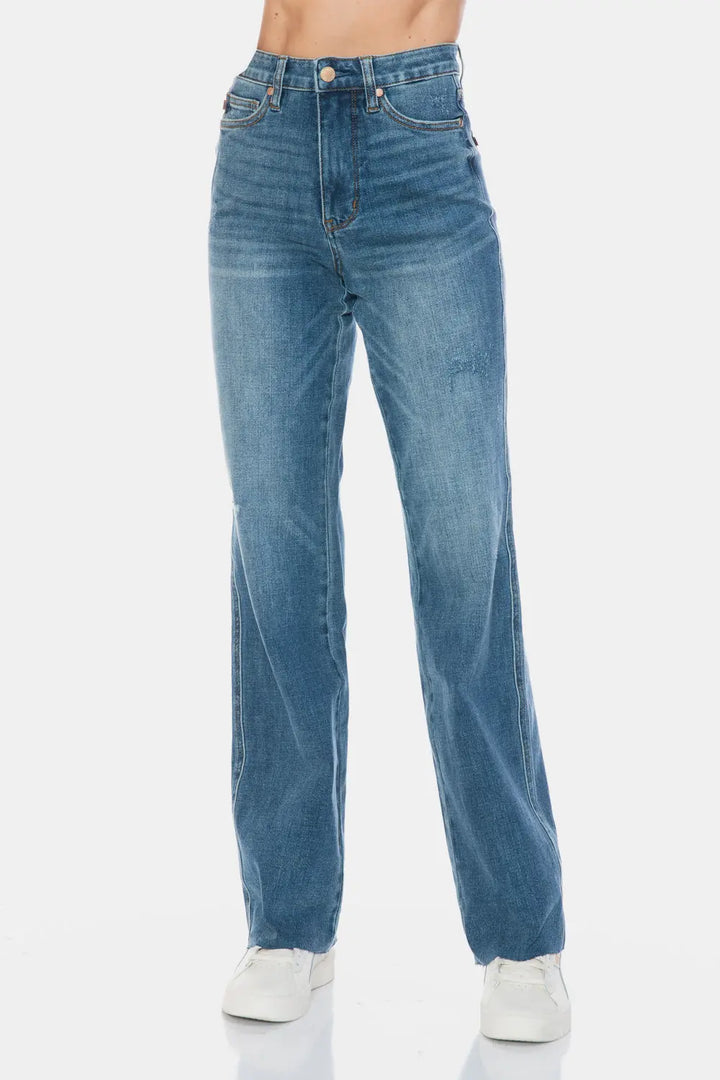 Judy Blue Full Size Tummy Control Cut Raw Hem Straight Jeans Trendsi