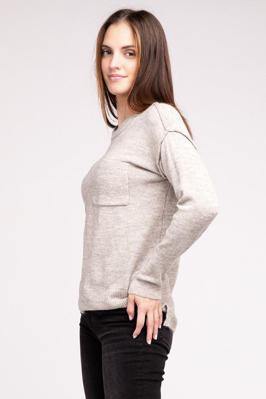 Melange Hi-Low Hem Round Neck Sweater ZENANA