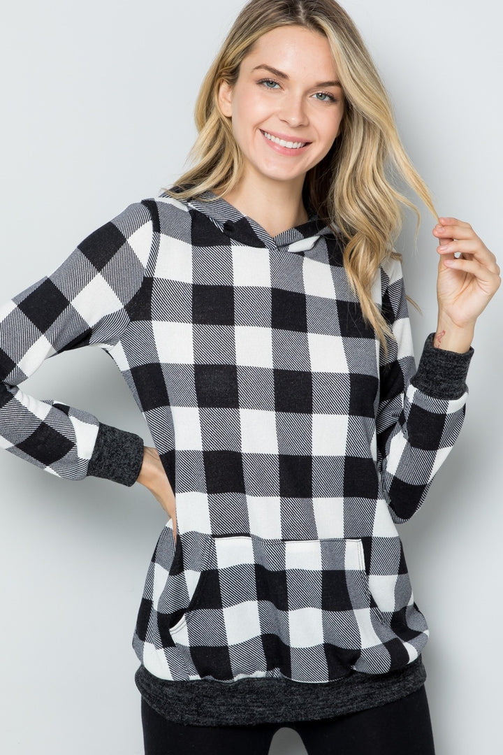 Celeste Full Size Contrast Plaid Long Sleeve Hoodie Trendsi