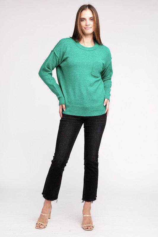 Melange Hi-Low Hem Round Neck Sweater ZENANA