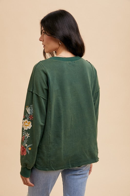 Embroidered Long Sleeve French Terry Top