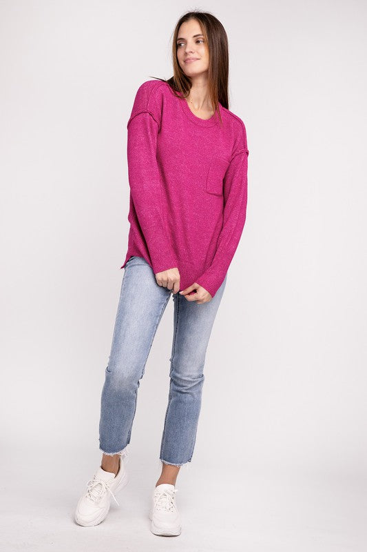 Melange Hi-Low Hem Round Neck Sweater ZENANA